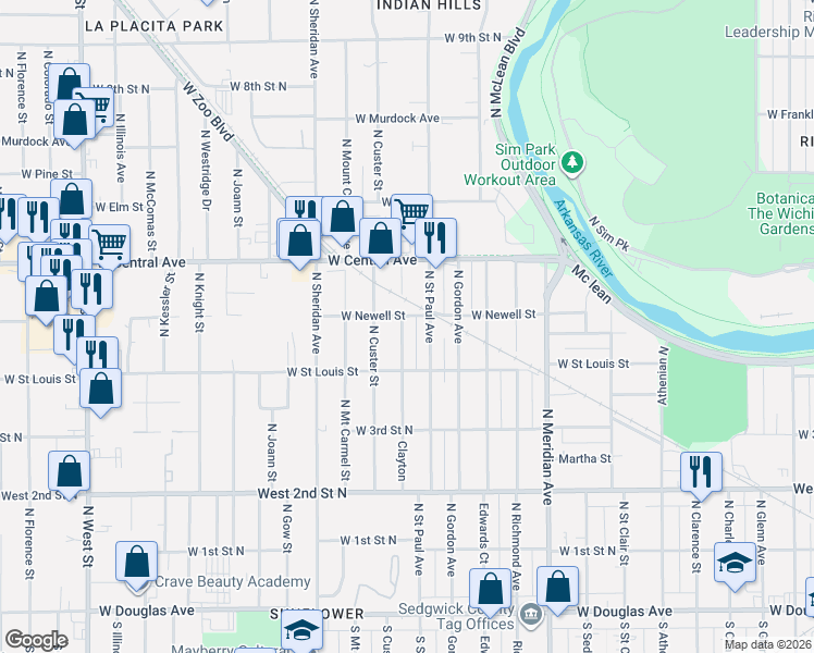 map of restaurants, bars, coffee shops, grocery stores, and more near 2906 Newell Street in Wichita