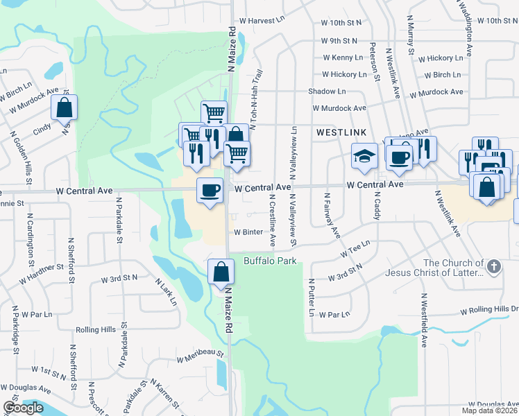 map of restaurants, bars, coffee shops, grocery stores, and more near 10215 West Central Avenue in Wichita