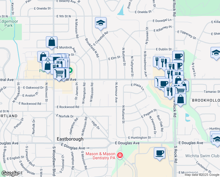 map of restaurants, bars, coffee shops, grocery stores, and more near 7077 East Central Avenue in Wichita