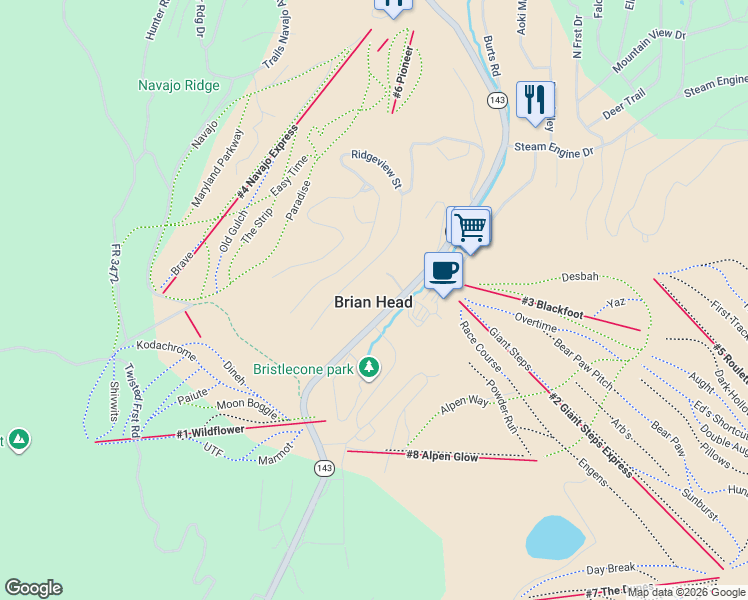 map of restaurants, bars, coffee shops, grocery stores, and more near 356 Utah 143 in Brian Head