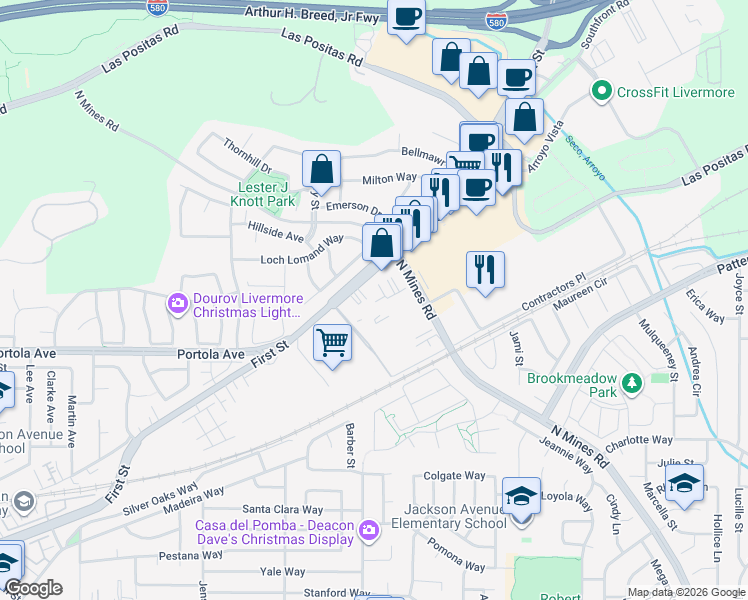 map of restaurants, bars, coffee shops, grocery stores, and more near 4049 First Street in Livermore