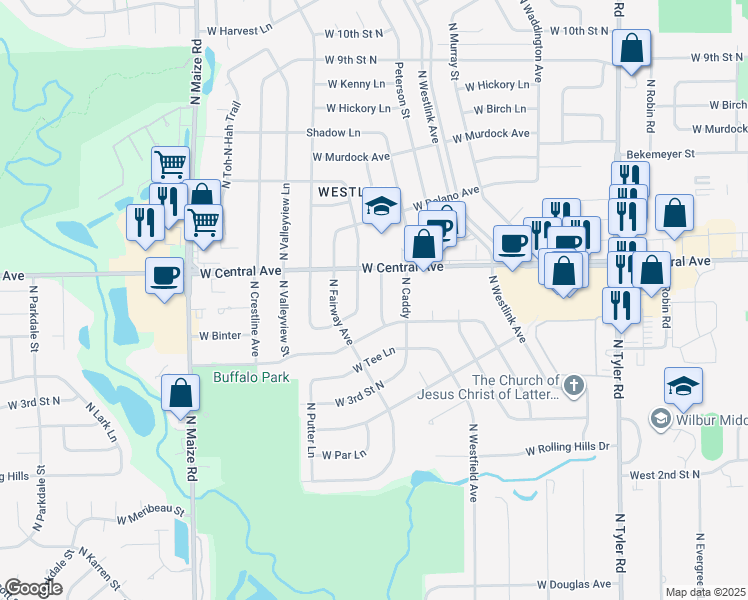 map of restaurants, bars, coffee shops, grocery stores, and more near 651 North Maus Lane in Wichita