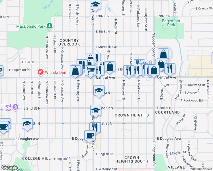 map of restaurants, bars, coffee shops, grocery stores, and more near 448 Harding Street in Wichita