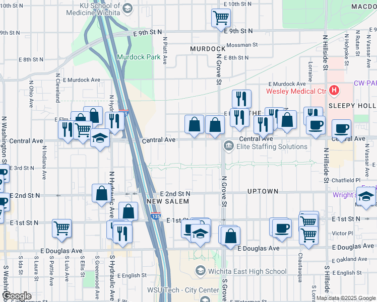map of restaurants, bars, coffee shops, grocery stores, and more near 435 North Madison Avenue in Wichita