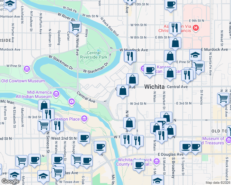 map of restaurants, bars, coffee shops, grocery stores, and more near 6 West South Riverside Park Drive in Wichita