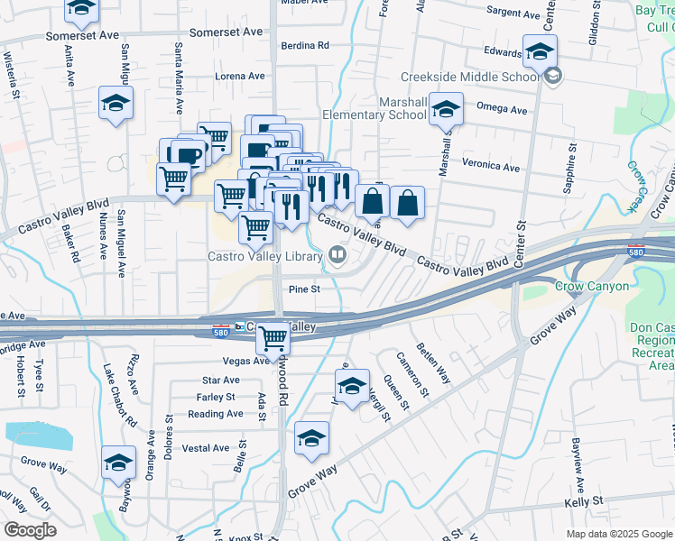 map of restaurants, bars, coffee shops, grocery stores, and more near 3667 Castro Valley Boulevard in Castro Valley