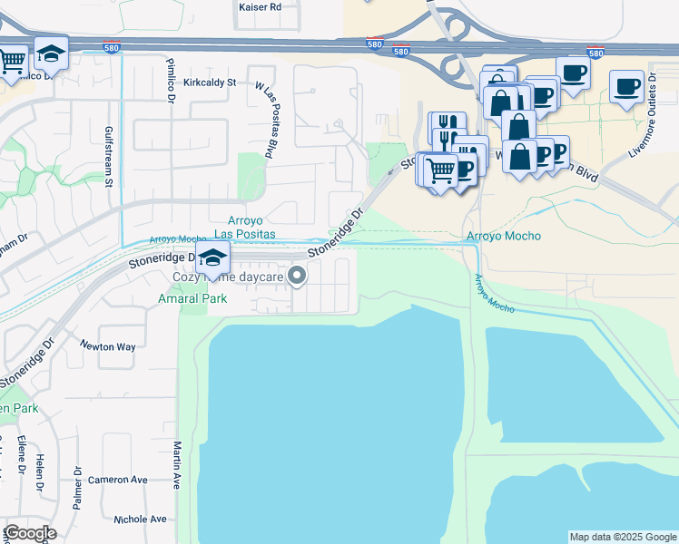 map of restaurants, bars, coffee shops, grocery stores, and more near 2745 Maria Street in Pleasanton