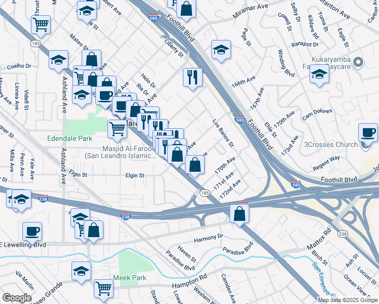 map of restaurants, bars, coffee shops, grocery stores, and more near 1475 167th Avenue in San Leandro