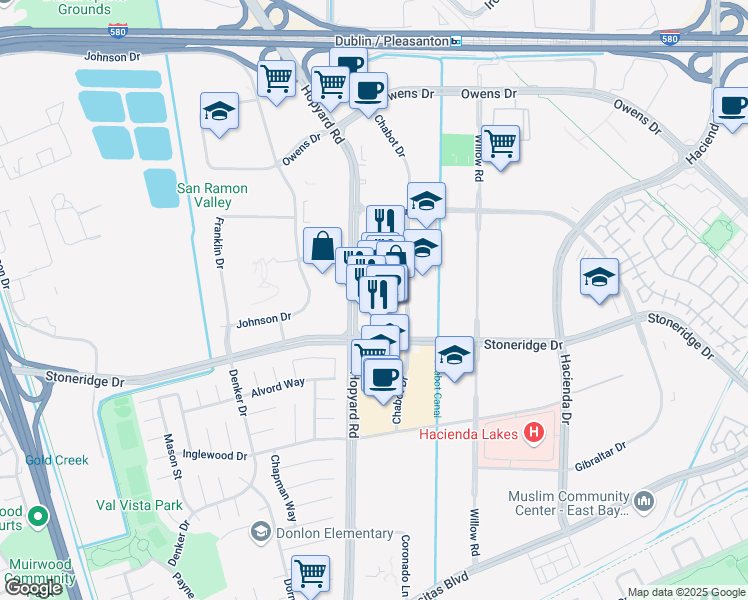 map of restaurants, bars, coffee shops, grocery stores, and more near 4833 Hopyard Road in Pleasanton
