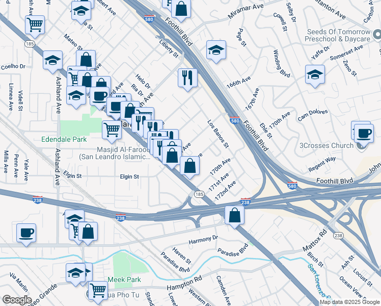map of restaurants, bars, coffee shops, grocery stores, and more near 1530 167th Avenue in San Leandro