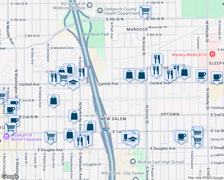 map of restaurants, bars, coffee shops, grocery stores, and more near Piatt Street in Wichita