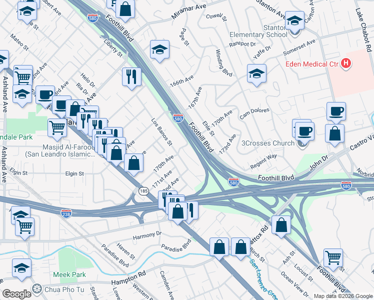 map of restaurants, bars, coffee shops, grocery stores, and more near 17028 Santa Fe Street in Hayward