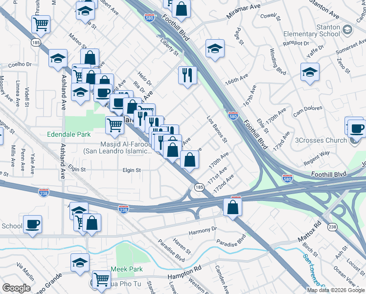 map of restaurants, bars, coffee shops, grocery stores, and more near 1475 167th Avenue in San Leandro