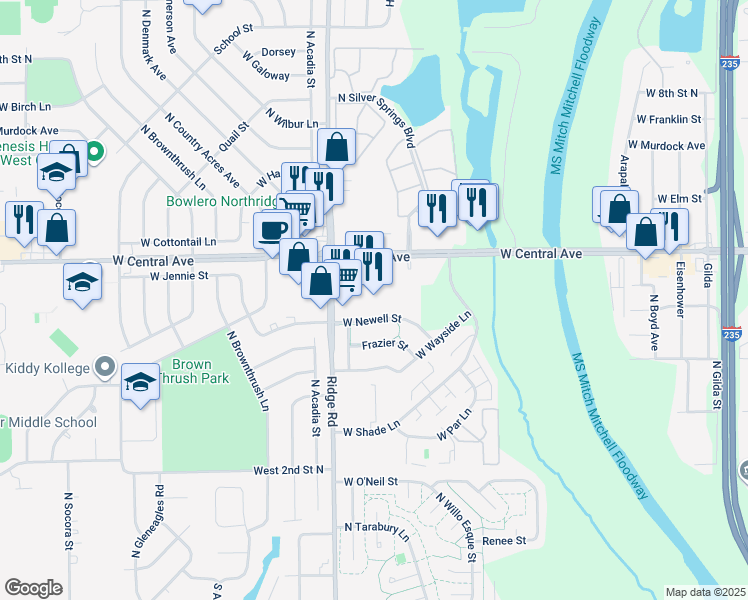 map of restaurants, bars, coffee shops, grocery stores, and more near 7011 West Central Avenue in Wichita