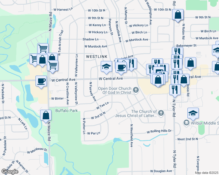 map of restaurants, bars, coffee shops, grocery stores, and more near 9505 West Central Avenue in Wichita
