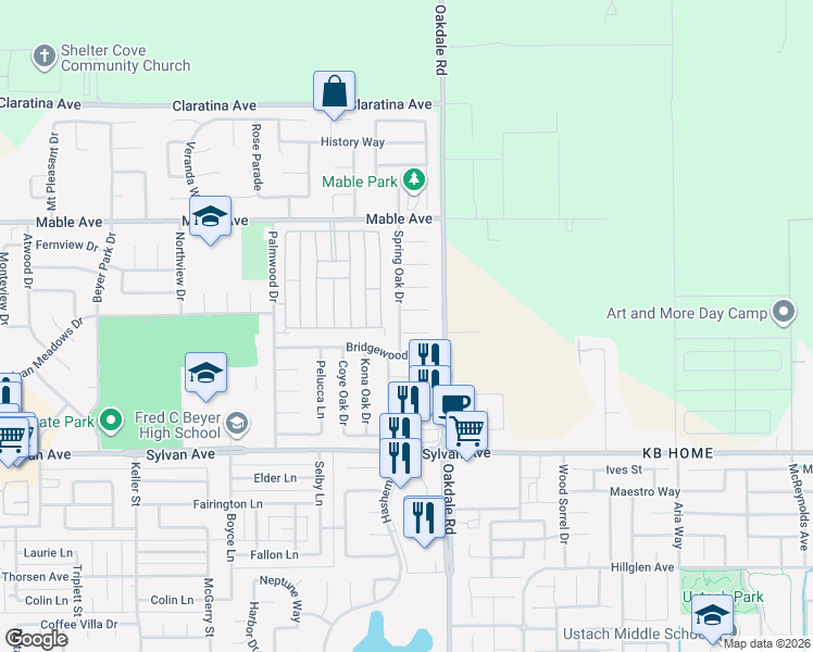 map of restaurants, bars, coffee shops, grocery stores, and more near 3813 Spring Oak Drive in Modesto