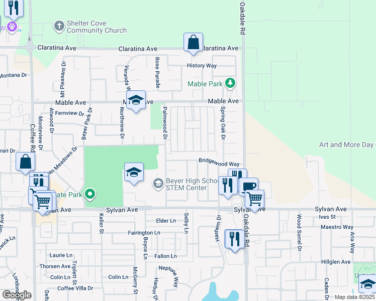 map of restaurants, bars, coffee shops, grocery stores, and more near 3816 Pali Place in Modesto
