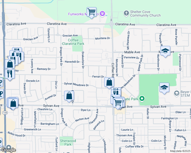 map of restaurants, bars, coffee shops, grocery stores, and more near 3713 Ghia Court in Modesto