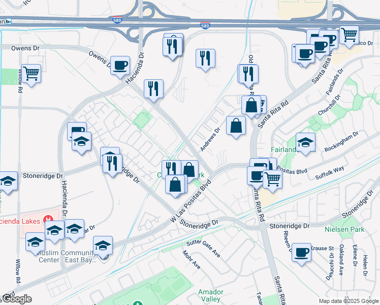 map of restaurants, bars, coffee shops, grocery stores, and more near in Pleasanton
