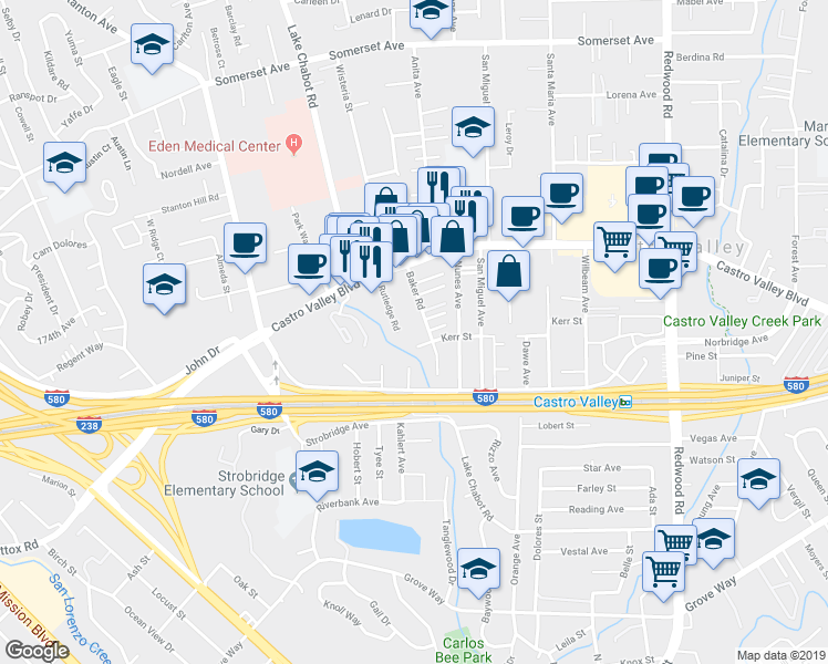 map of restaurants, bars, coffee shops, grocery stores, and more near 21019 Baker Road in Castro Valley