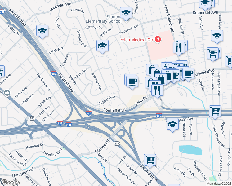map of restaurants, bars, coffee shops, grocery stores, and more near 20323 John Drive in Castro Valley