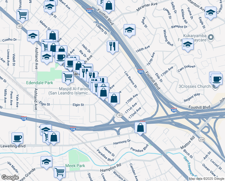 map of restaurants, bars, coffee shops, grocery stores, and more near 1530 167th Avenue in San Leandro
