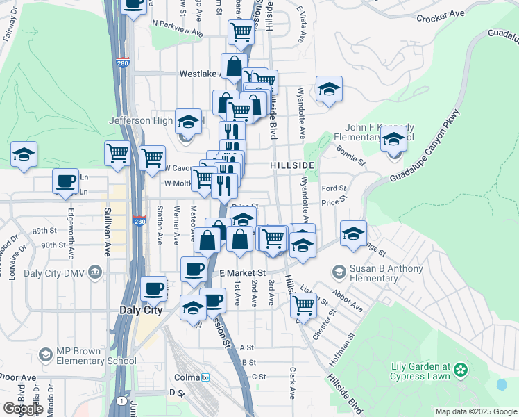 map of restaurants, bars, coffee shops, grocery stores, and more near 56 Garibaldi Street in Daly City