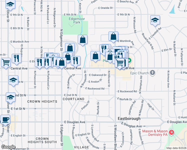 map of restaurants, bars, coffee shops, grocery stores, and more near 5909 East Central Avenue in Wichita