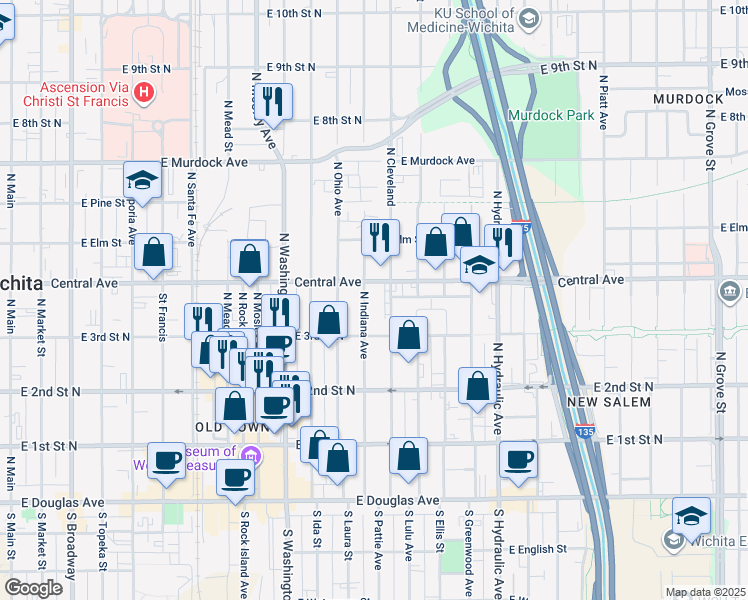 map of restaurants, bars, coffee shops, grocery stores, and more near 1301 East Central Avenue in Wichita