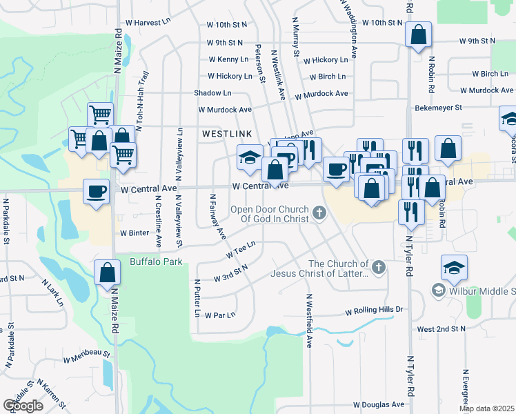 map of restaurants, bars, coffee shops, grocery stores, and more near 9505 West Central Avenue in Wichita