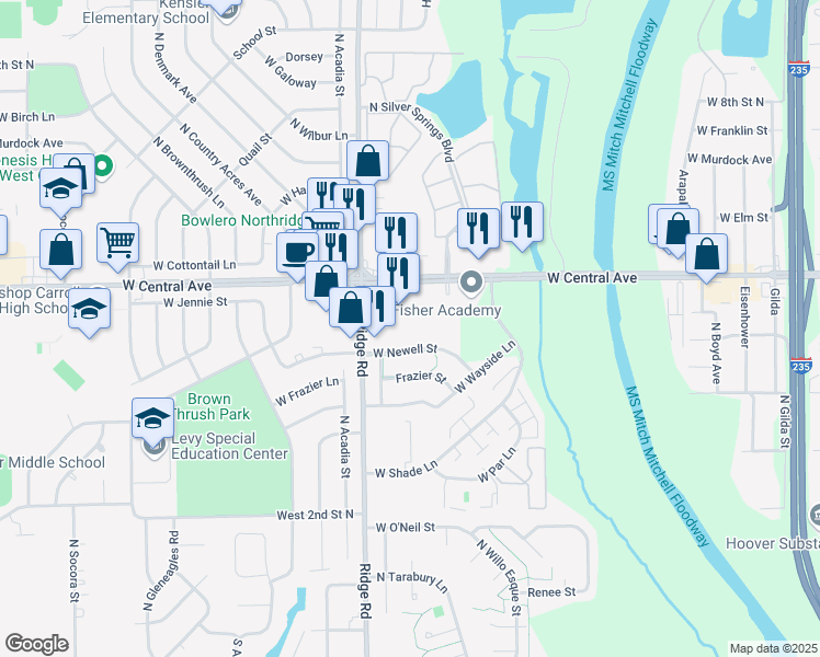 map of restaurants, bars, coffee shops, grocery stores, and more near 7011 West Central Avenue in Wichita