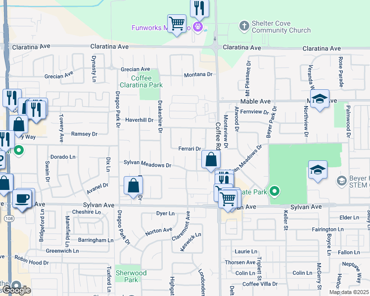 map of restaurants, bars, coffee shops, grocery stores, and more near 3713 Ghia Court in Modesto
