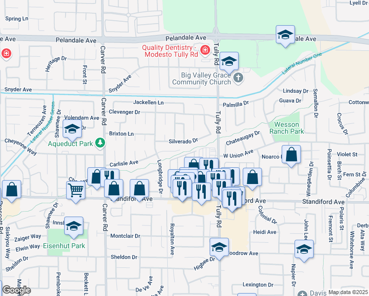 map of restaurants, bars, coffee shops, grocery stores, and more near 1419 Carlisle Avenue in Modesto