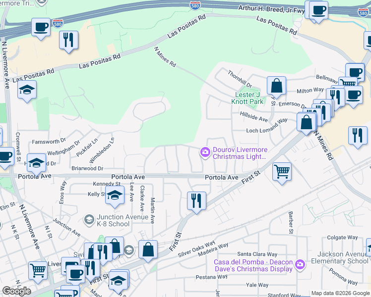 map of restaurants, bars, coffee shops, grocery stores, and more near 3485 Edinburgh Drive in Livermore