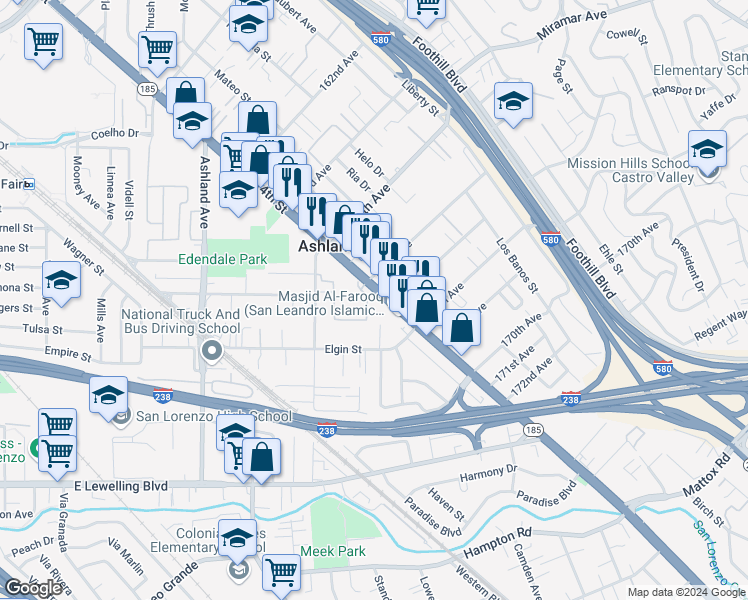 map of restaurants, bars, coffee shops, grocery stores, and more near 16557 East 14th Street in San Leandro