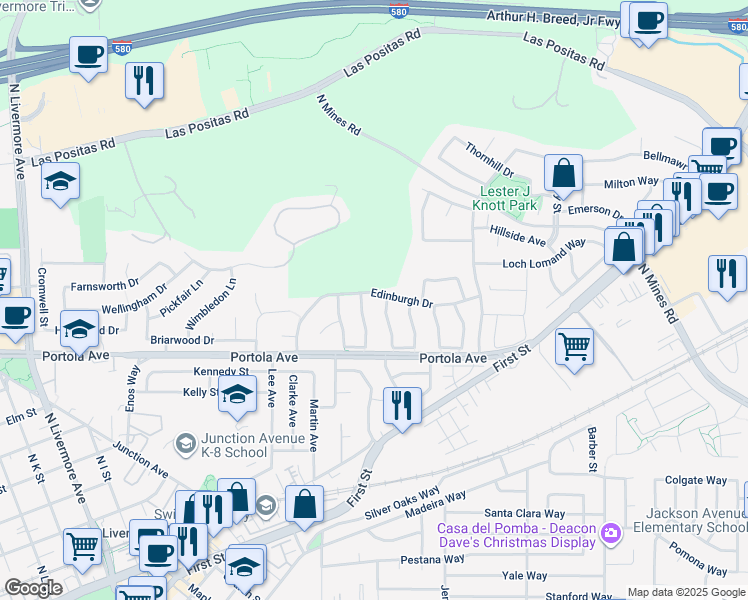 map of restaurants, bars, coffee shops, grocery stores, and more near 3473 Edinburgh Drive in Livermore