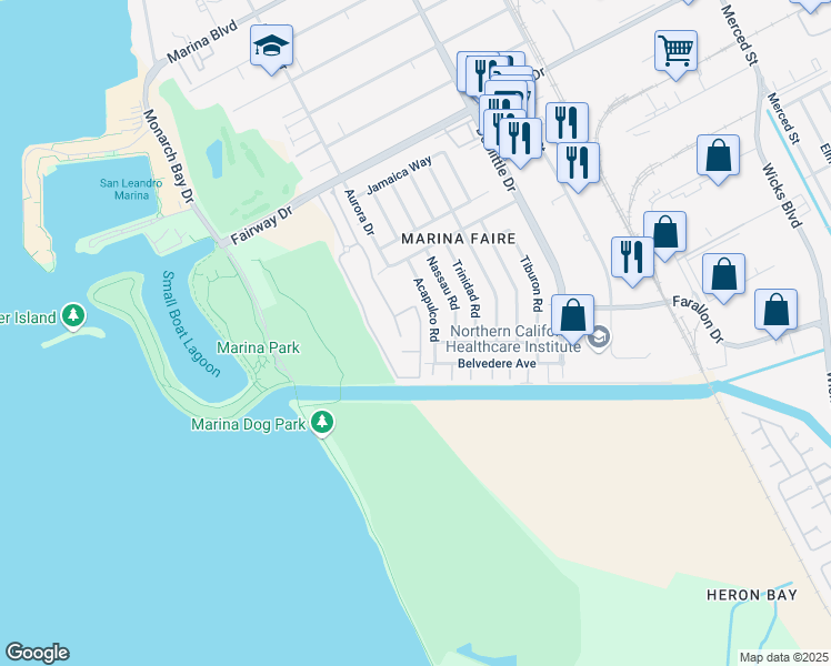 map of restaurants, bars, coffee shops, grocery stores, and more near 185 Finback Way in San Leandro