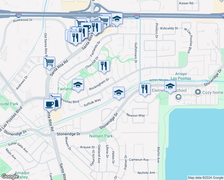 map of restaurants, bars, coffee shops, grocery stores, and more near 3133 Berkshire Court in Pleasanton