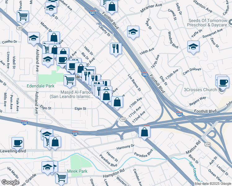map of restaurants, bars, coffee shops, grocery stores, and more near 1530 167th Avenue in San Leandro