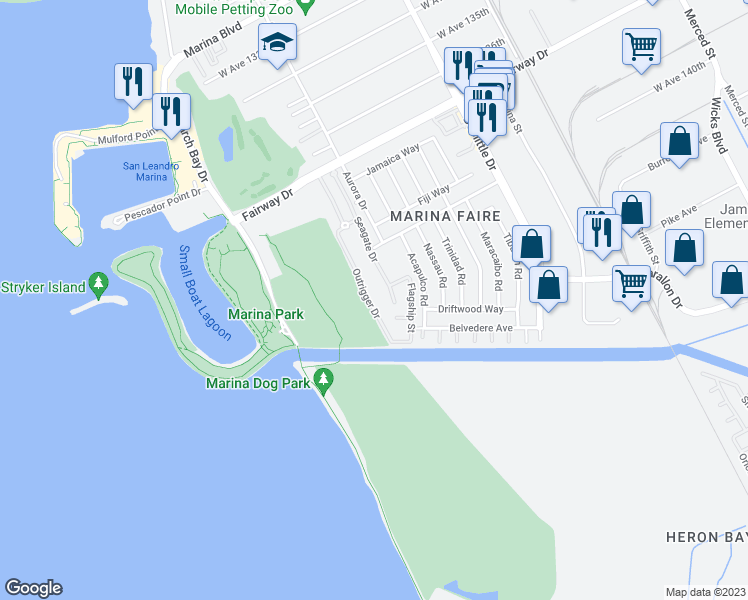 map of restaurants, bars, coffee shops, grocery stores, and more near 14402 Outrigger Drive in San Leandro