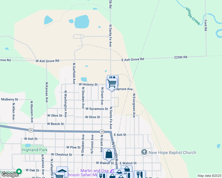 map of restaurants, bars, coffee shops, grocery stores, and more near 1801 North Santa Fe Avenue in Chanute