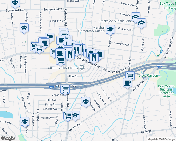 map of restaurants, bars, coffee shops, grocery stores, and more near 3836 Norbridge Avenue in Castro Valley