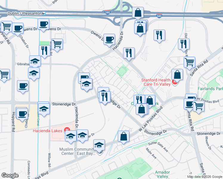 map of restaurants, bars, coffee shops, grocery stores, and more near 3852 Appian Street in Pleasanton