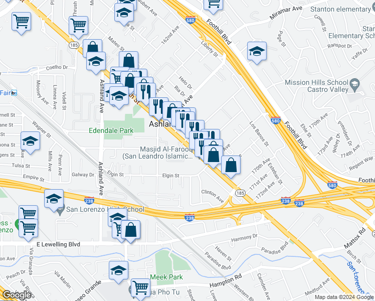 map of restaurants, bars, coffee shops, grocery stores, and more near 16557 East 14th Street in San Leandro