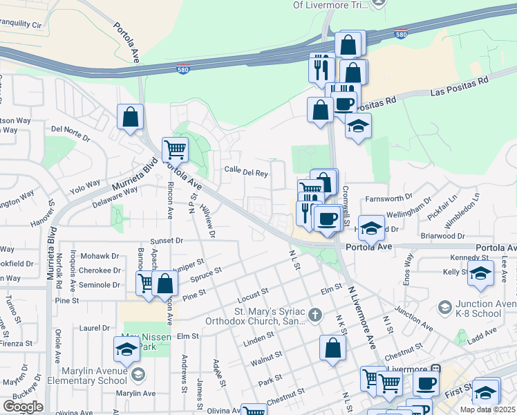 map of restaurants, bars, coffee shops, grocery stores, and more near 1789 Corte Sueno in Livermore