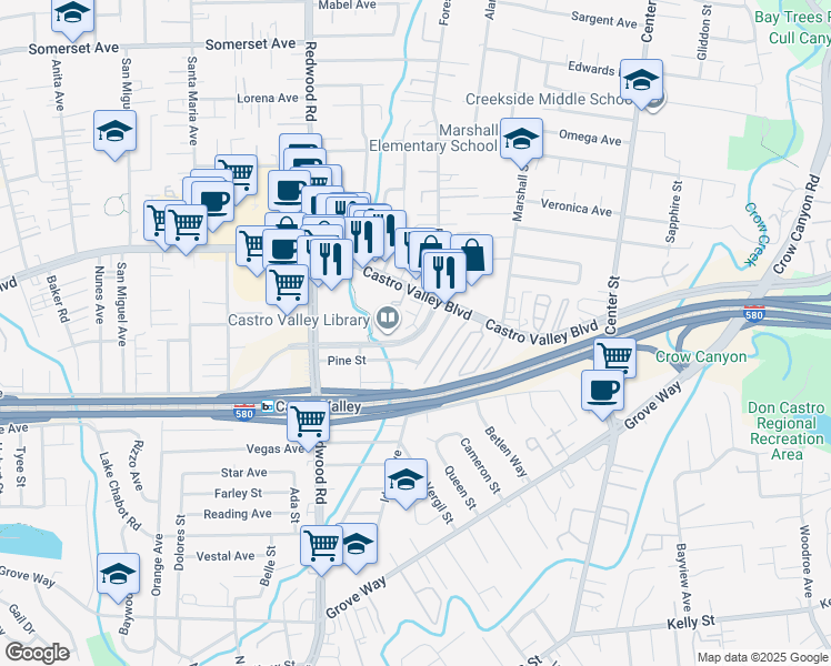 map of restaurants, bars, coffee shops, grocery stores, and more near 3789 Castro Valley Boulevard in Castro Valley