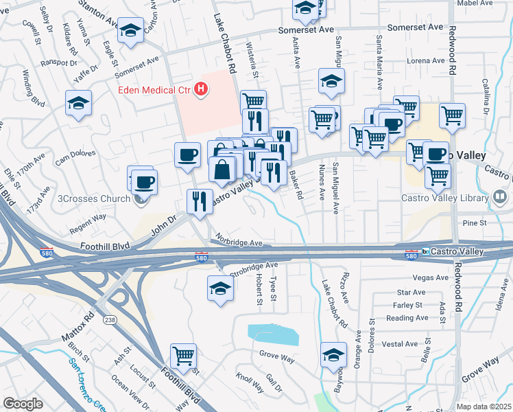 map of restaurants, bars, coffee shops, grocery stores, and more near 20800 Lake Chabot Road in Castro Valley