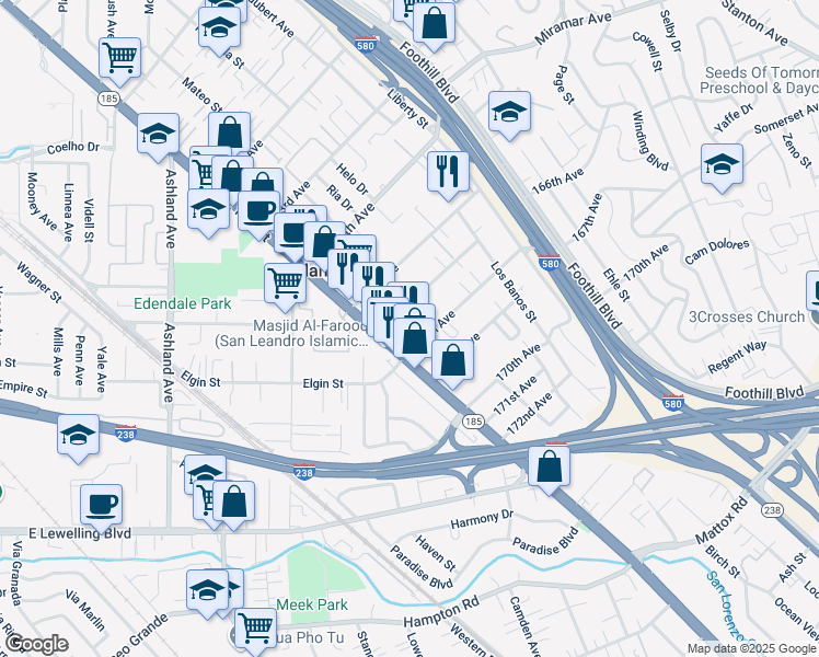 map of restaurants, bars, coffee shops, grocery stores, and more near 1475 167th Avenue in San Leandro