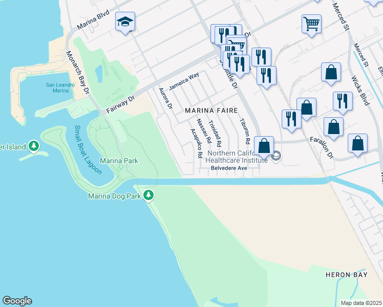 map of restaurants, bars, coffee shops, grocery stores, and more near 185 Finback Way in San Leandro