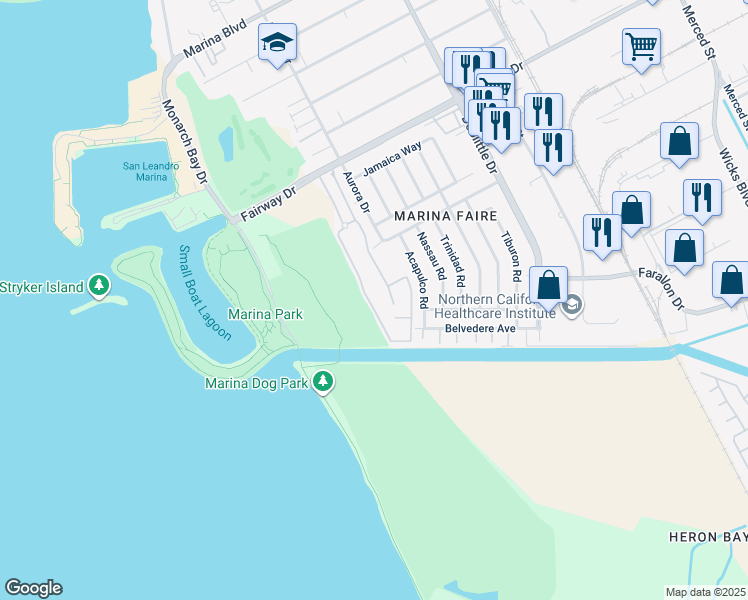 map of restaurants, bars, coffee shops, grocery stores, and more near 14377 Outrigger Drive in San Leandro